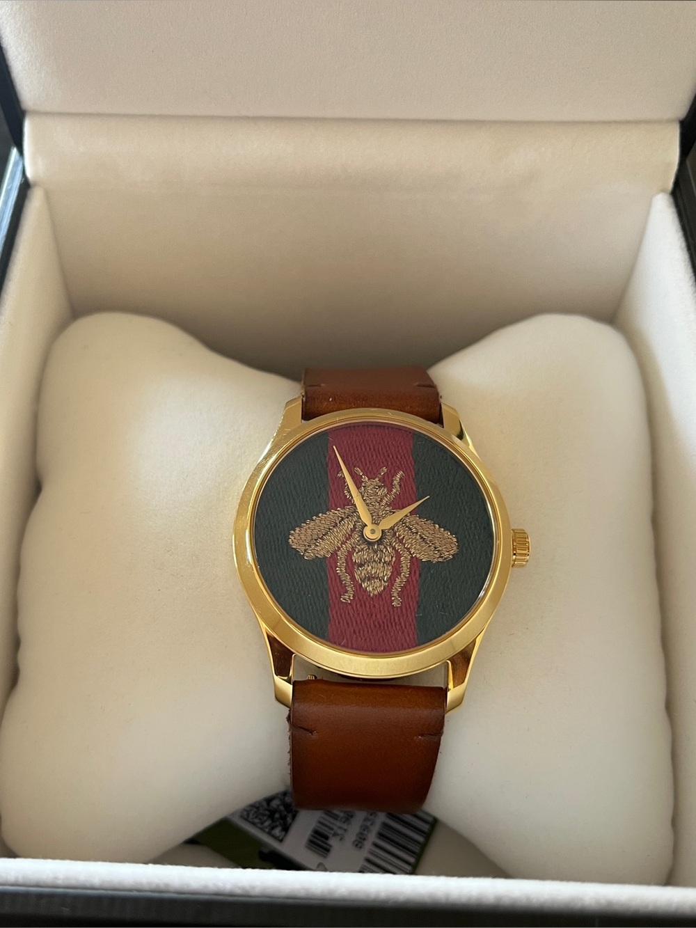 Authentic Gucci Gold-Tone Bee Dial Brown Leather Unisex Watch